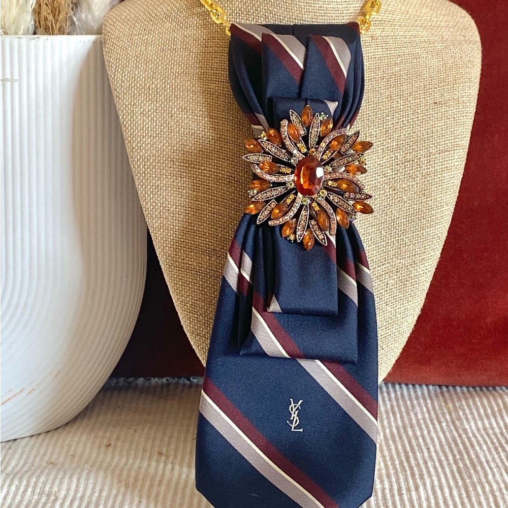 Yves Saint Laurent Navy and Gold Tie Necklace